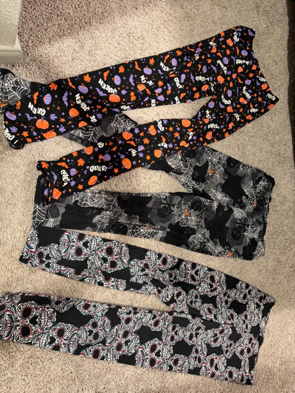 3 pairs of Halloween Skull & Spiderweb Printed Leggings - Black/Orange/Purple- S